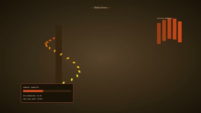 Minimalist visual interface displaying an autumn fog blanket falling through a digital canopy system with changing amber leaf density levels on a dark brown screen
