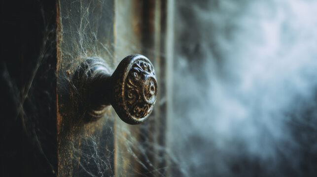 Ancient wooden door knob in dusty haunted interior with cobweb and mist, eerie horror scene, low light
