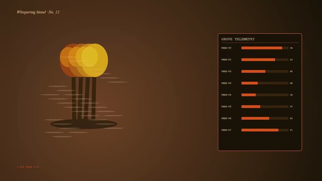 An autumn fog blanket surrounds minimalist trees in this digital interface animation showing changing bar charts and shifting metrics within a stylized virtual dark brown environment