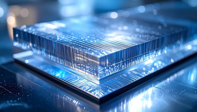 Close-up of a futuristic quantum processor with detailed vertical line textures glowing with bright blue light