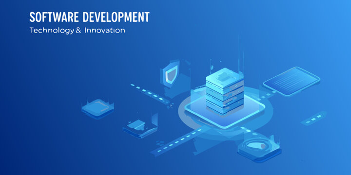 Isometric software development illustration with server stacks and security shields