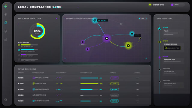 Dark vector illustration of a legal compliance dashboard with regulation score, evidence network, active case queue, audit trail and sidebar icons.