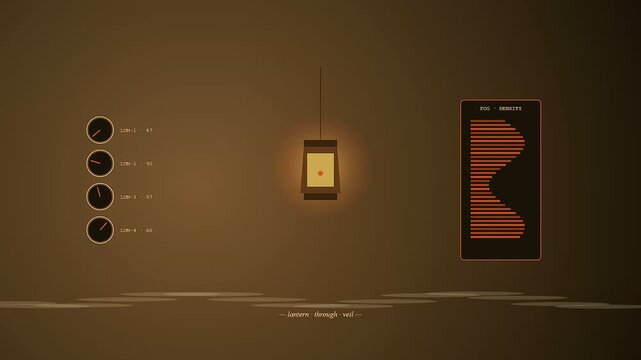 Autumn fog blanket displays digital data readouts with glowing lantern icons and flickering light patterns in this dark atmospheric interface for modern software monitoring system