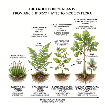 Sch&eacute;ma de l'&eacute;volution des plantes des bryophytes &agrave; la flore moderne