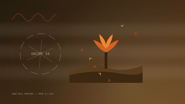 An autumn fog blanket surrounds a small orange plant while subtle wind data indicators drift across this digital interface showing atmospheric changes in a minimal style