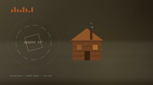 An autumn fog blanket surrounds a cozy cabin home interface as the digital house displays fluctuating temperatures and changing environmental data in this minimal screen animation