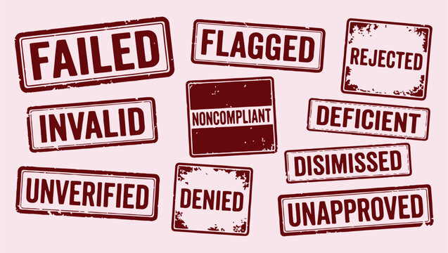 Document compliance stamp design pattern, flagged noncompliant denied status marks, official security document rubber stamps, business office rejection status set, administrative compliance verificati