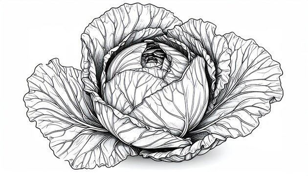 Detailed cabbage head line art illustration with textured leaves.