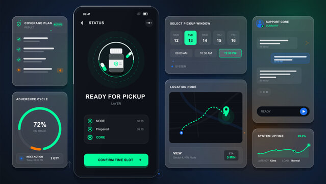 Dark futuristic pharmacy pickup app dashboard with medication status, adherence gauge, coverage plan, time slot selector, route map and support panel