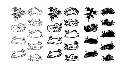 Snail icon set, outline, solid, silhouette, white background, vector illustration © Rani