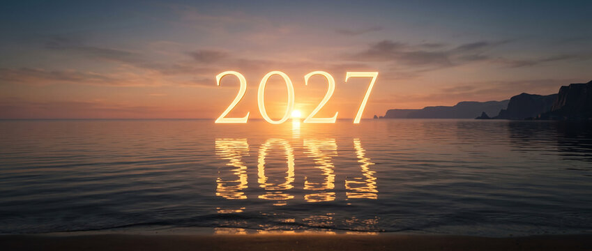 Coucher de soleil sur la mer avec le texte lumineux 2027