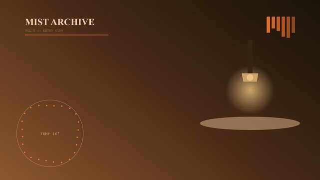 Minimalist digital interface showcasing autumn fog blanket aesthetics with circular temperature gauges and stylized pendant lamp icons displayed across three evolving phases of muted amber tones