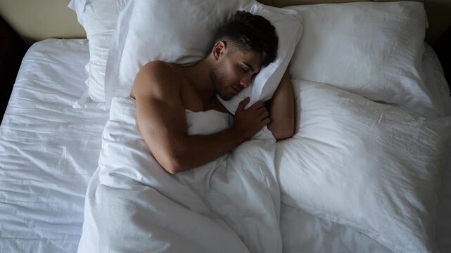 Handsome man sleeping peacefully in large bed in modern hotel room or home interior. Young guy resting under soft linen in cozy indoor atmosphere with natural comfort and relaxation. Top view