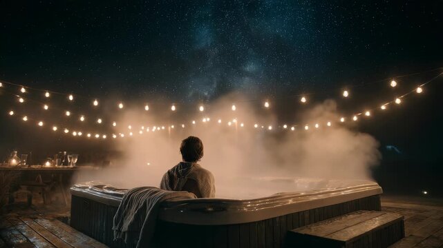 Steam rises from a cozy hot tub as a lone figure enjoys the serene ambiance beneath twinkling stars and warm string lights. The scene radiates relaxation, calm, and magical nighttime vibes