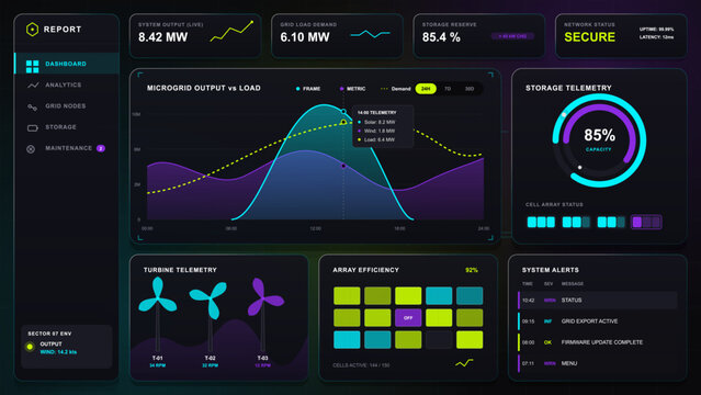 Dark microgrid report dashboard with output and load chart, storage telemetry gauge, turbine data, array efficiency grid and system alert panels