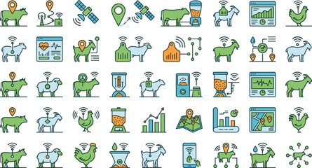 Smart farming and iot livestock tracking line icon set featuring precision agriculture cattle monitoring dashboards satellite gps tags and poultry management vectors © Sujon Shah