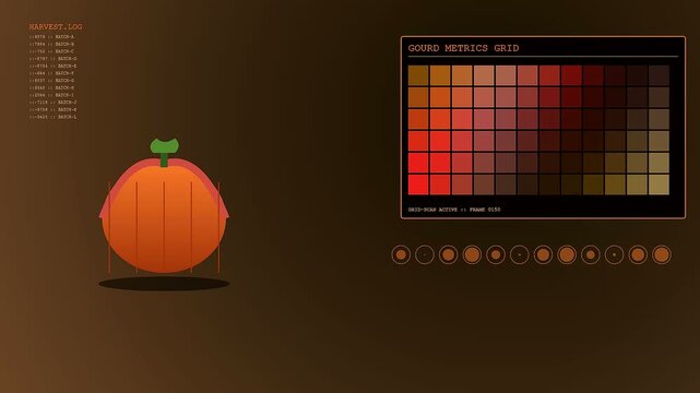 An autumn fog blanket surrounds a floating orange gourd that cycles through digital color charts and biometric harvest logs in this cinematic motion graphic animation