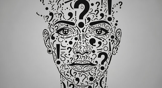Human face composed entirely of question marks in black and white.