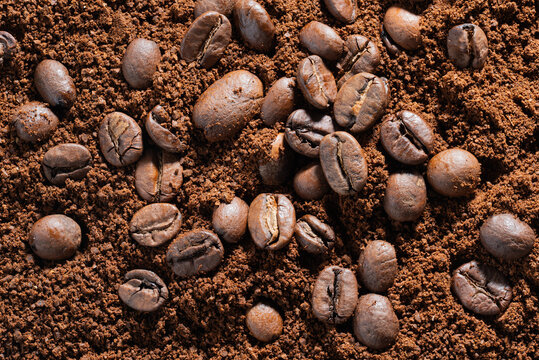 High-Resolution close-up of roasted coffee beans gathered on fresh ground powder extreme detail ultra sharp maximum sharpness