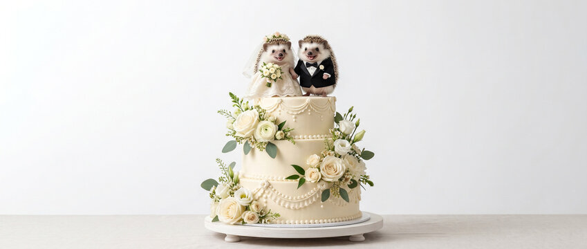 G&acirc;teau de mariage &eacute;l&eacute;gant d&eacute;cor&eacute; de fleurs blanches avec figurines de h&eacute;rissons mari&eacute;s