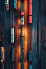 Obraz premium Top down view of trains on parallel tracks with glowing orange lights at dusk, creating a modern urban transport pattern.