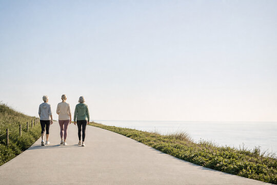 Background of Three women walking along a coastal path and a vast lake