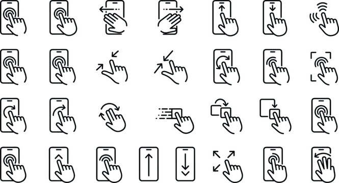 Mobile touchscreen gestures and hand swipe line icon set featuring smartphone multi touch user interface actions scroll pinch zoom and click vectors