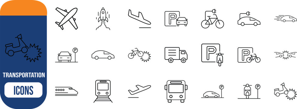 Transportation vehicles travel line icons. airplane icon set, car icon set, train icon set 02