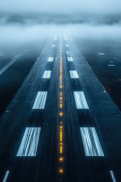 Empty airport runway fading into fog with lights and markings on a wet surface