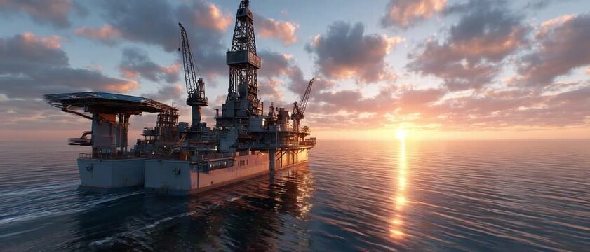 Offshore Oil Rig at Sunrise: A colossal offshore oil rig stands majestically on the tranquil ocean waters, silhouetted against a breathtaking sunrise.