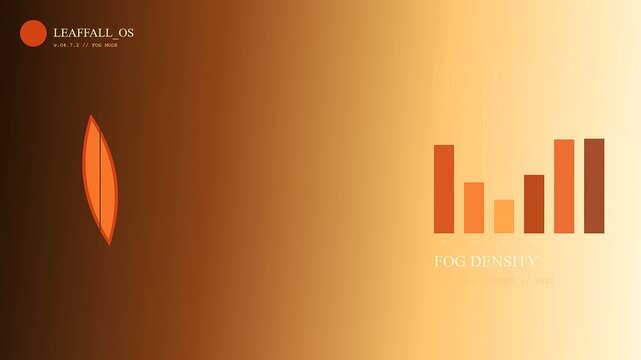 Minimalist digital interface showcasing autumn fog blanket patterns with animated leaf silhouettes and statistical bar charts depicting atmospheric density changes across a gradient orange data screen