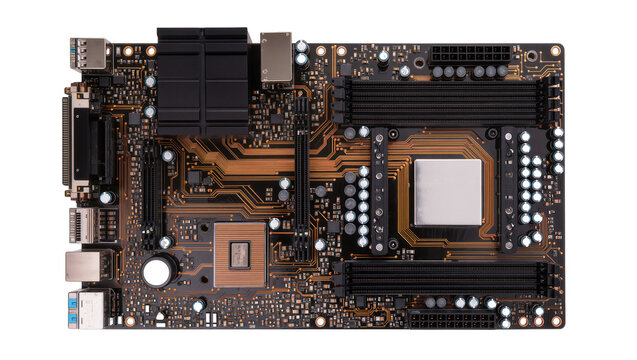Isolated computer motherboard showing complex circuitry and high-tech electronic components