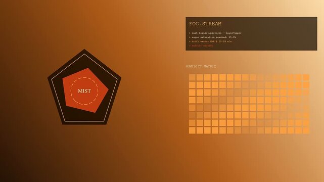 An autumn fog blanket displays dynamic digital data streams across modular square grids within pentagonal interface frames while flickering light patterns shift throughout a cinematic user experience