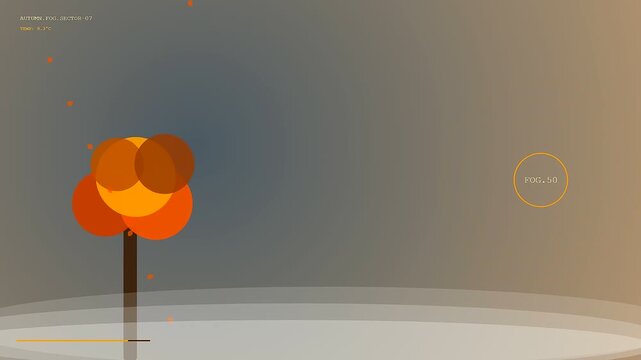 An autumn fog blanket surrounds a stylized digital tree with floating orange particles displayed in a minimalist graphical animation sequence for modern design projects