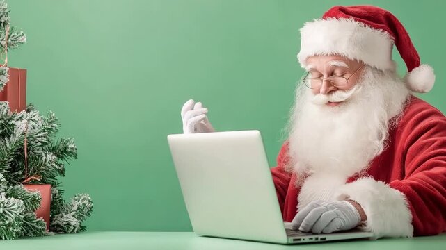 Santa claus using laptop with holiday gifts in festive green background