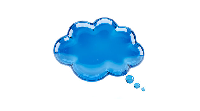 Glossy transparent blue glass thought bubble cloud shape showing thinking concept or communication message symbol isolated directly over solid blank white background