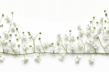 Fototapeta premium Delicate white flowers with green stems arranged as a floral border on a clean white background with copy space