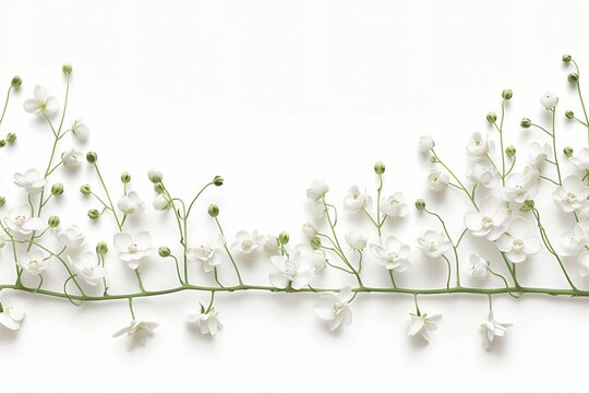 Delicate white flowers with green stems arranged as a floral border on a clean white background with copy space
