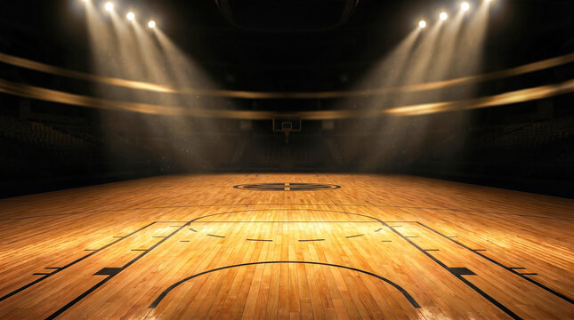 Empty basketball court polished wooden floor dramatic spotlight stadium arena background dark interior professional sports competition professional facility game concept glowing surface copy