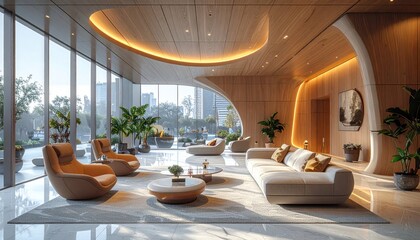 Fototapeta premium Modern Luxury Lobby with Organic Design, Natural Light, and Lush Plants