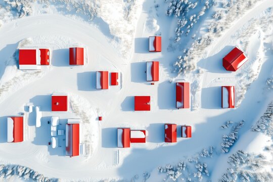 Aerial view of a small winter village with red-roof houses surrounded by snow, showing a clean geometric pattern and cold blue shadows.