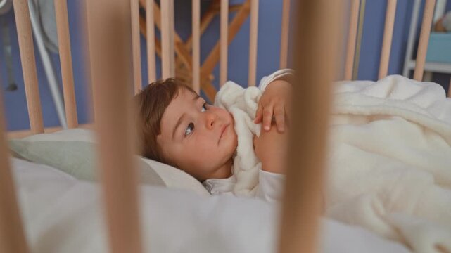 Boy lying in pale wooden crib clutching soft fleece blanket, hand near mouth, gaze sideways toward room window in building; cozy calm.