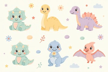 Naklejka premium Set of cute cartoon dinosaurs including a triceratops, a brachiosaurus, a stegosaurus, and a pterodactyl on a light cream background, for kids