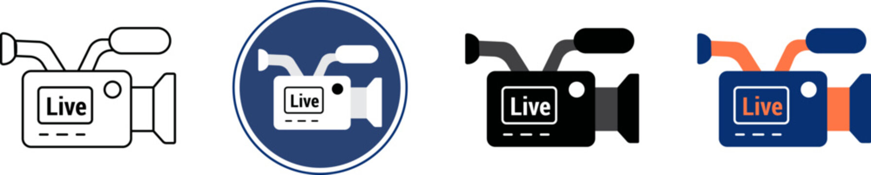Set of four live video camera icons in different styles including outline flat and color broadcast sign symbols Vector