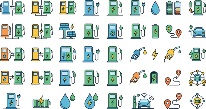 Electric vehicle charging and hybrid fuel station line icon set featuring green eco energy transition battery status map navigation routes and power vectors