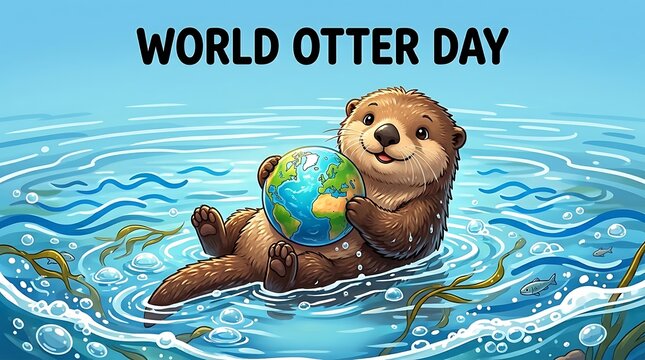 Cute cartoon otter holding a globe swimming in water for world otter day celebration illustration