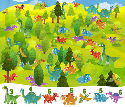 The dinosaur land with many animals in the forest game of spotting elements - illustration for children