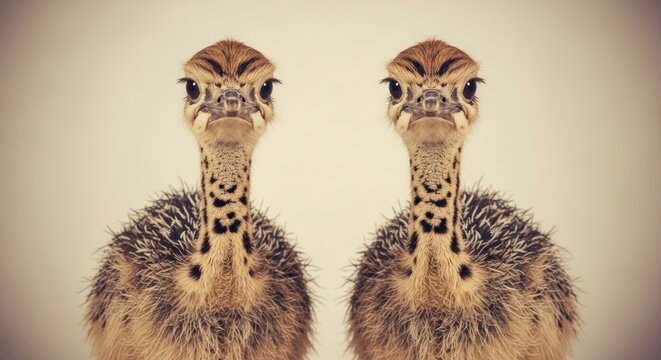 Two Adorable Baby Ostrich Chicks Facing Forward.