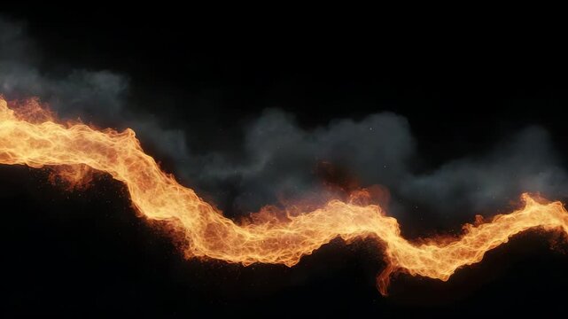 Dynamic stream of fire with smoke on black background