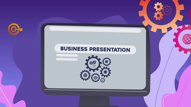 A computer screen displaying the text &ldquo;Business Presentation&rdquo; and illustrations of gears